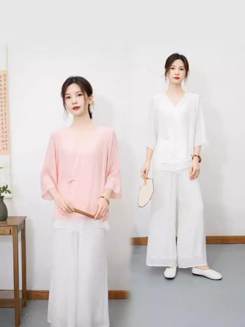 Két darabos Taiji meditációs és jóga öltözet, etnikus Zen stílus Patchworkvarrással, poliészter, fő anyag 80-90% poliészter, 2024 nyári kollekció