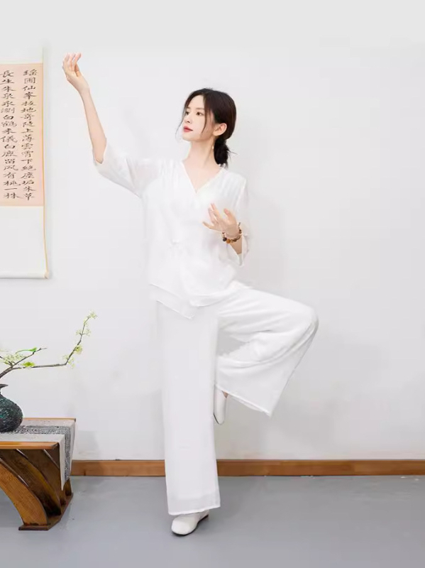 Két darabos Taiji meditációs és jóga öltözet, etnikus Zen stílus Patchworkvarrással, poliészter, fő anyag 80-90% poliészter, 2024 nyári kollekció