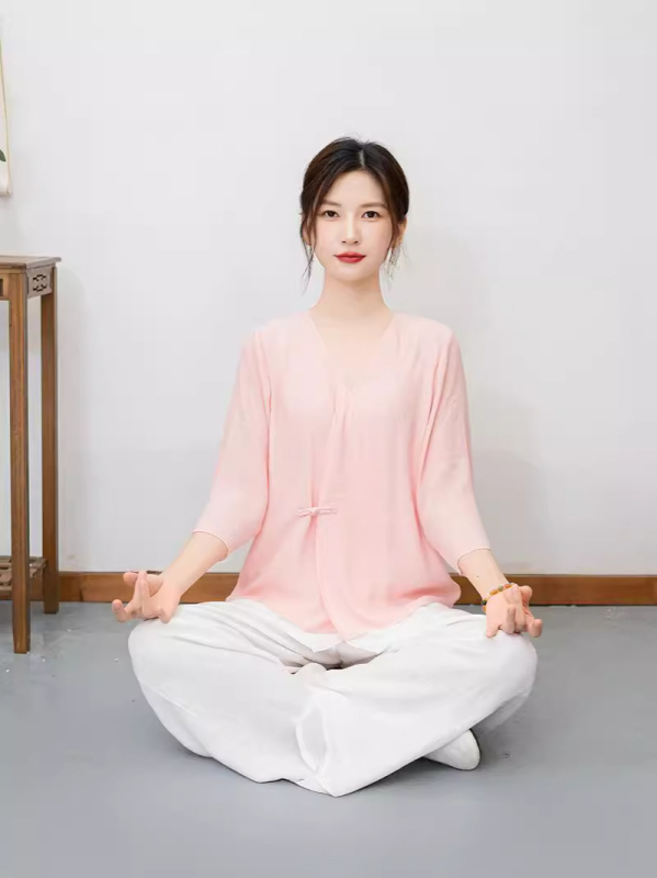 Két darabos Taiji meditációs és jóga öltözet, etnikus Zen stílus Patchworkvarrással, poliészter, fő anyag 80-90% poliészter, 2024 nyári kollekció