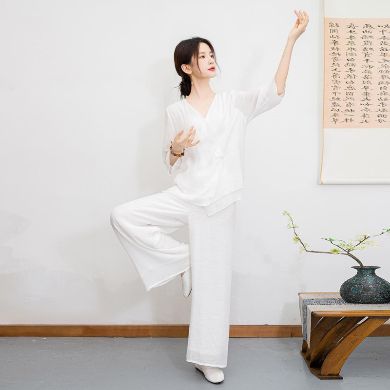 Két darabos Taiji meditációs és jóga öltözet, etnikus Zen stílus Patchworkvarrással, poliészter, fő anyag 80-90% poliészter, 2024 nyári kollekció