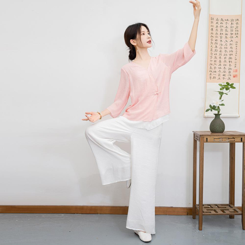 Két darabos Taiji meditációs és jóga öltözet, etnikus Zen stílus Patchworkvarrással, poliészter, fő anyag 80-90% poliészter, 2024 nyári kollekció