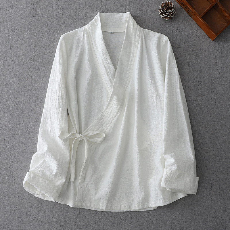 Pamut Hanfu laza szabású felső, összefonott gallérral, V-nyakú, több mint 95% pamut, 2025 nyári kiadás