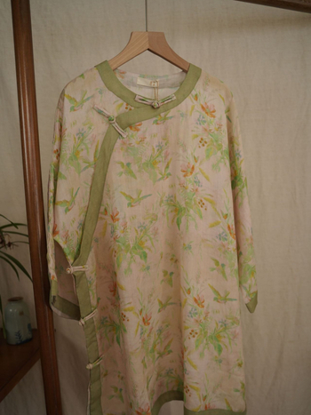 Ramie mintás Zen tea ruha oldalsó nyitással, Új kínai stílus, 95% ramie