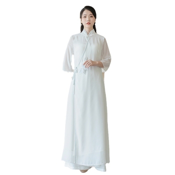 Šaty inšpirované čínskym retro štýlom, priliehavý pás, 3/4 rukávy, šifón s výšivkou (Letné 2023; 50% polyester)