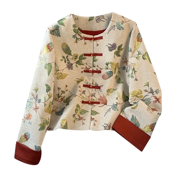 Hánfu inspirált felső/kardigán dzseki chenille brokáttal, csomó gombokkal, fejlett hímzéssel és jacquard szövettel; Fő anyag: kecskebőr; Modell Flower Through the Ages-0230; univerzális méret