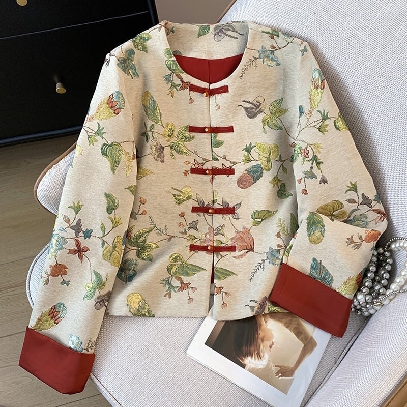 Hánfu inspirált felső/kardigán dzseki chenille brokáttal, csomó gombokkal, fejlett hímzéssel és jacquard szövettel; Fő anyag: kecskebőr; Modell Flower Through the Ages-0230; univerzális méret