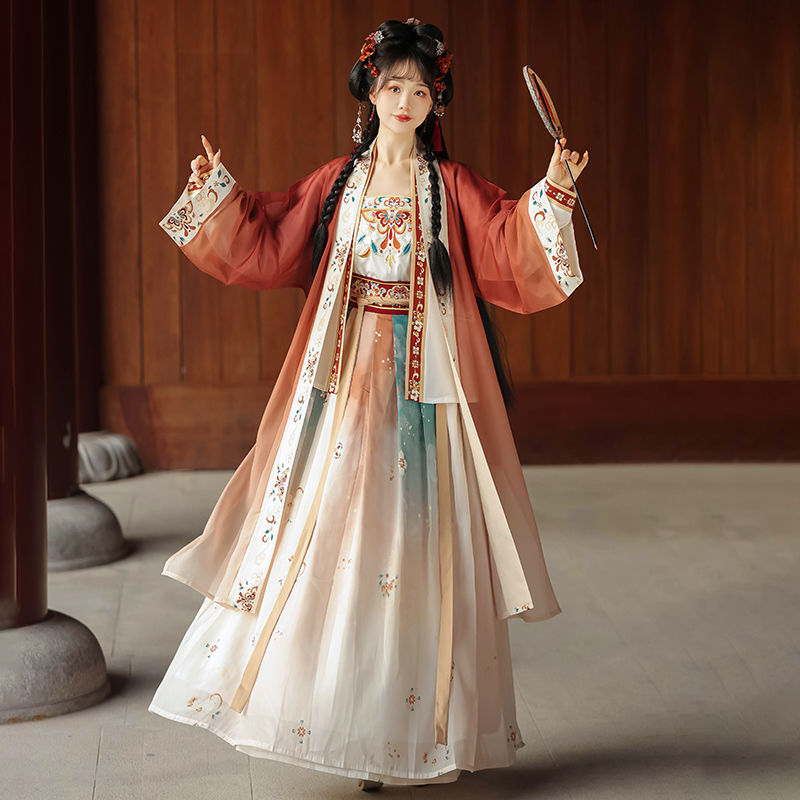 Felnőtt Hanfu szett – chiffon, 30–50% poliészter, hímzett pillangó és jade motívumokkal, keresztezett galléros derékig érő kabát