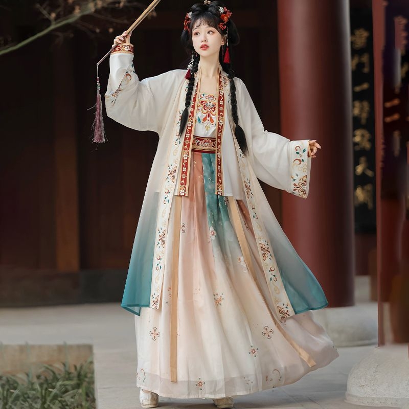 Felnőtt Hanfu szett – chiffon, 30–50% poliészter, hímzett pillangó és jade motívumokkal, keresztezett galléros derékig érő kabát