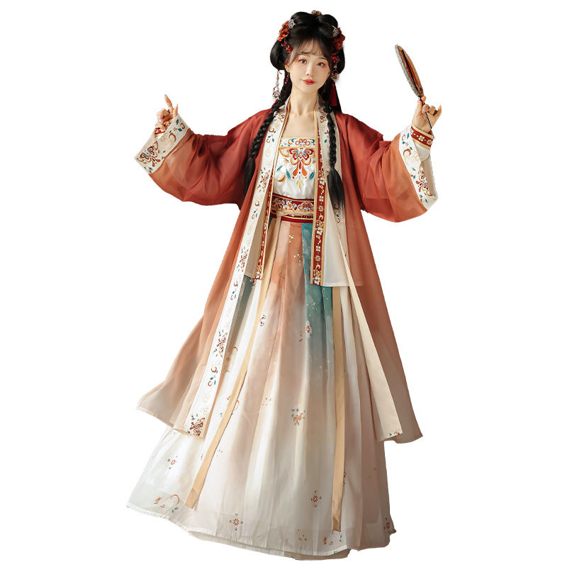 Felnőtt Hanfu szett – chiffon, 30–50% poliészter, hímzett pillangó és jade motívumokkal, keresztezett galléros derékig érő kabát