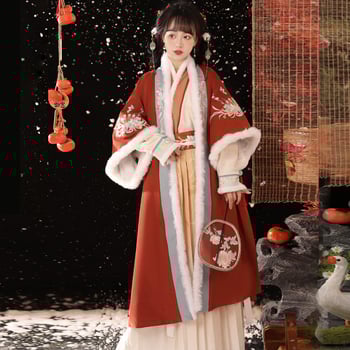 Hanfu női téli szett hosszú kabáttal és pliszírozott szoknyával - poliészter-pamut keverék, pamut tartalom 30-50%, 2023 tavasz