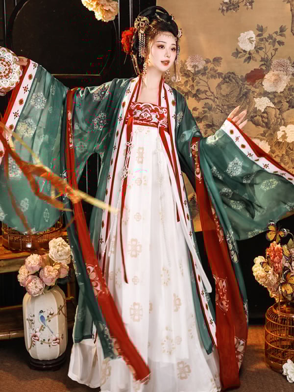 Tang-dinasztia stílusú Hanfu felső, széles ujjú, hímzett, könnyű chiffon spandex anyag, batik technika, nyár 2023