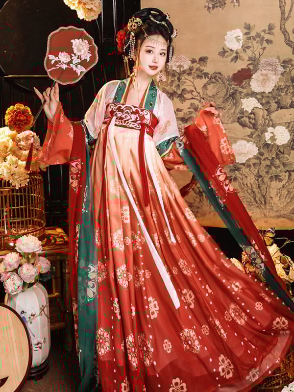 Tang-dinasztia stílusú Hanfu felső, széles ujjú, hímzett, könnyű chiffon spandex anyag, batik technika, nyár 2023