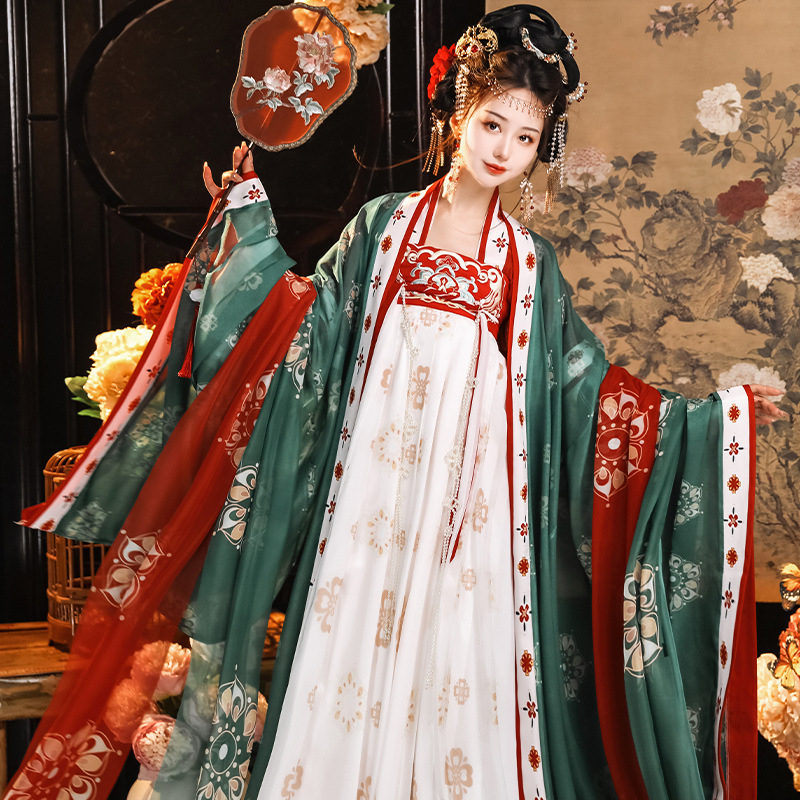 Tang-dinasztia stílusú Hanfu felső, széles ujjú, hímzett, könnyű chiffon spandex anyag, batik technika, nyár 2023