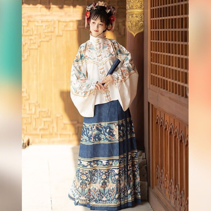Hanfu za žene — Ming stil s stojećim ovratnikom, dvodijelni set s prednjim zatvaranjem, rukavi Pipa, suknja Horse-Face, pamuk