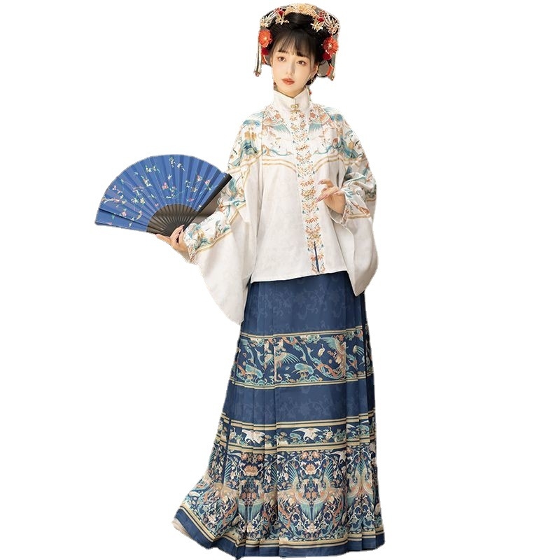 Hanfu za žene — Ming stil s stojećim ovratnikom, dvodijelni set s prednjim zatvaranjem, rukavi Pipa, suknja Horse-Face, pamuk