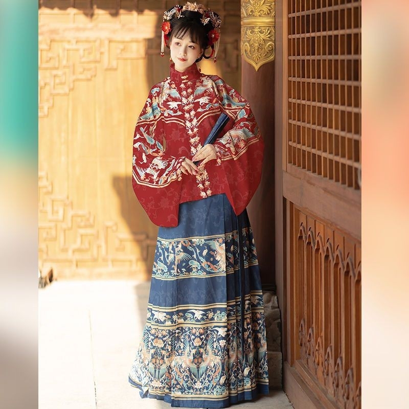 Hanfu za žene — Ming stil s stojećim ovratnikom, dvodijelni set s prednjim zatvaranjem, rukavi Pipa, suknja Horse-Face, pamuk