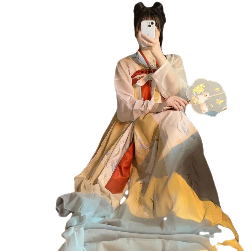 Női Tang-stílusú ruha káposzta mintával, chiffon/poliészter anyag, Vinylon 90% összetétel, akasztásos festési eljárás, 2022 tavasz