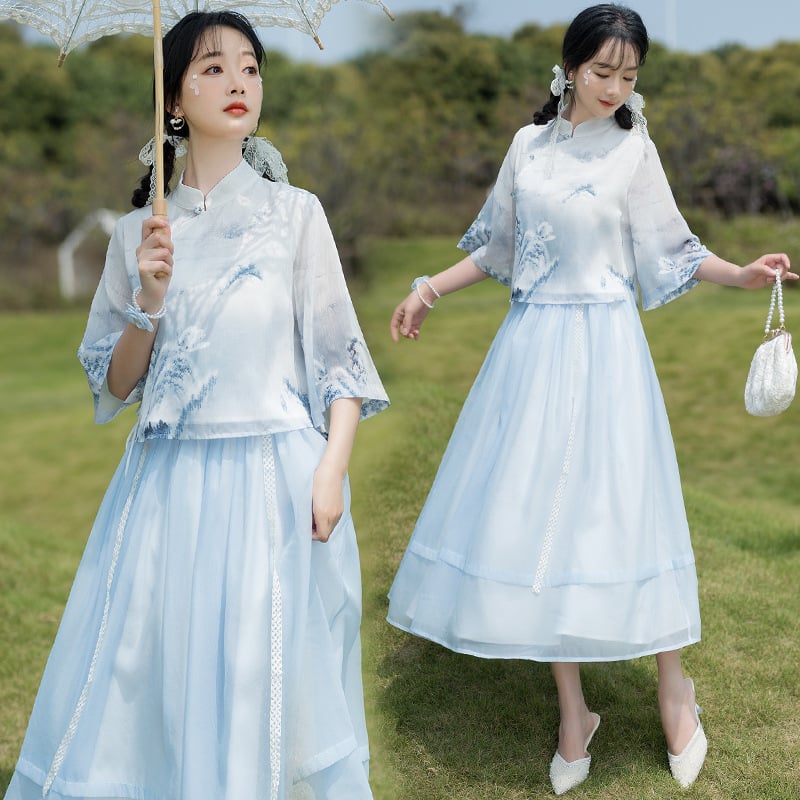 Tang-stílusú kapcsos felső Hanfu készlet tintás nyomtatott kínai esztétikával (Fő anyag: kecskebőr; Anyag: drótos szövet; Szezon: 2023 nyár)