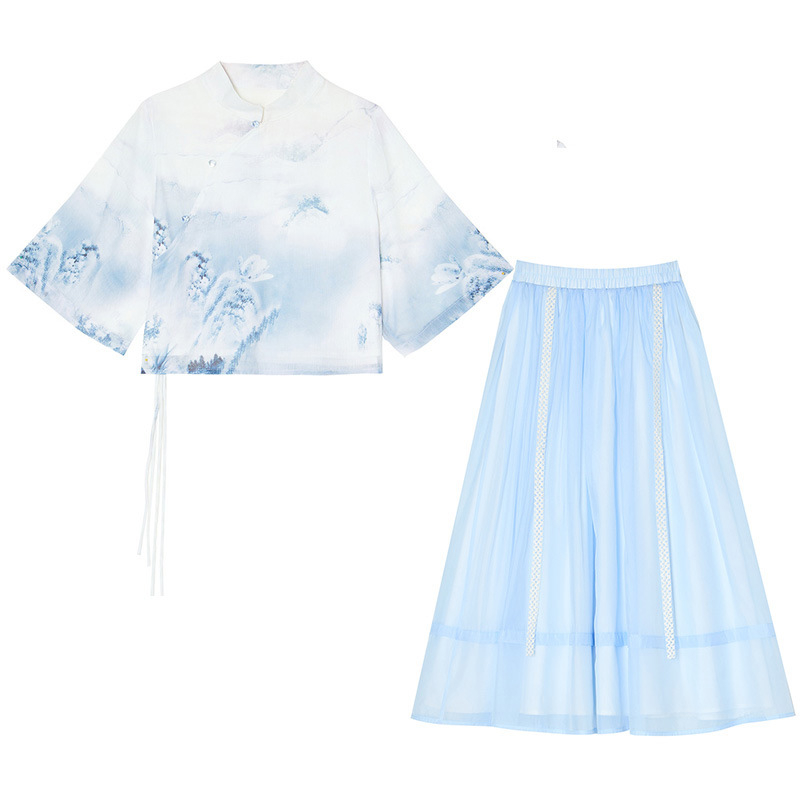 Tang-stílusú kapcsos felső Hanfu készlet tintás nyomtatott kínai esztétikával (Fő anyag: kecskebőr; Anyag: drótos szövet; Szezon: 2023 nyár)