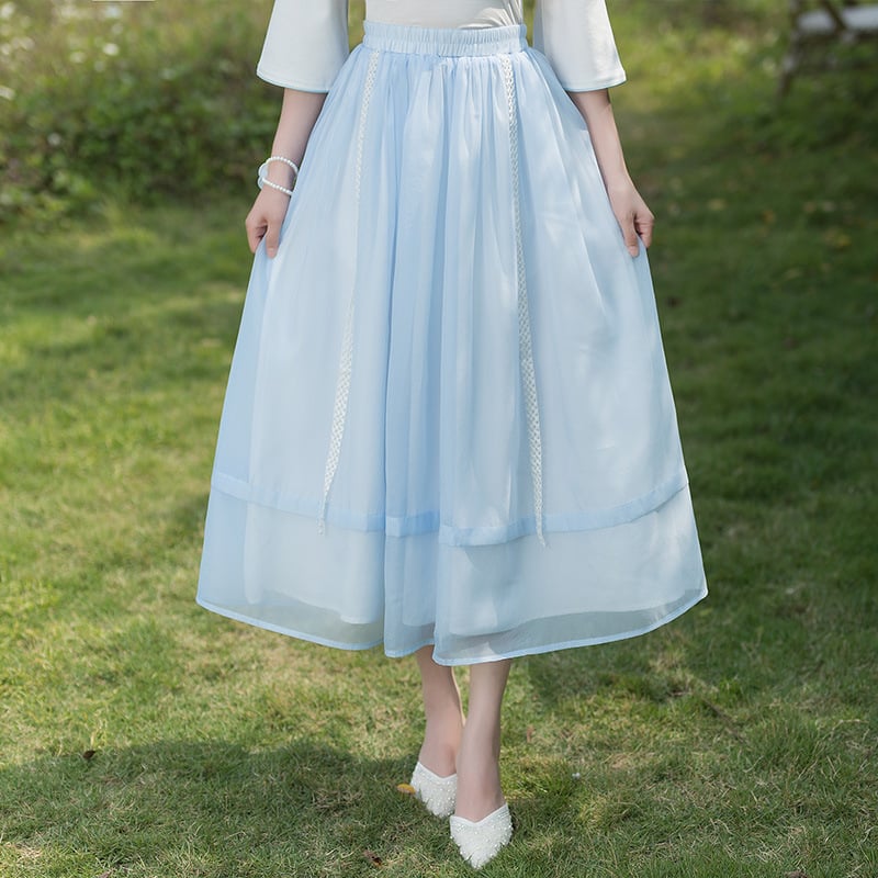 Tang-stílusú kapcsos felső Hanfu készlet tintás nyomtatott kínai esztétikával (Fő anyag: kecskebőr; Anyag: drótos szövet; Szezon: 2023 nyár)