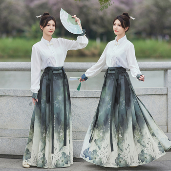 Ženski Hanfu set: tiskana pamuk košulja i Ma Mian suknja, nacionalni stil, proljeće-ljeto, svakodnevno nošenje