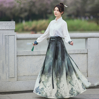 Ženski Hanfu set: tiskana pamuk košulja i Ma Mian suknja, nacionalni stil, proljeće-ljeto, svakodnevno nošenje