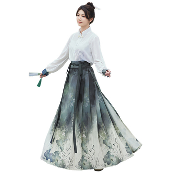 Ženski Hanfu set: tiskana pamuk košulja i Ma Mian suknja, nacionalni stil, proljeće-ljeto, svakodnevno nošenje
