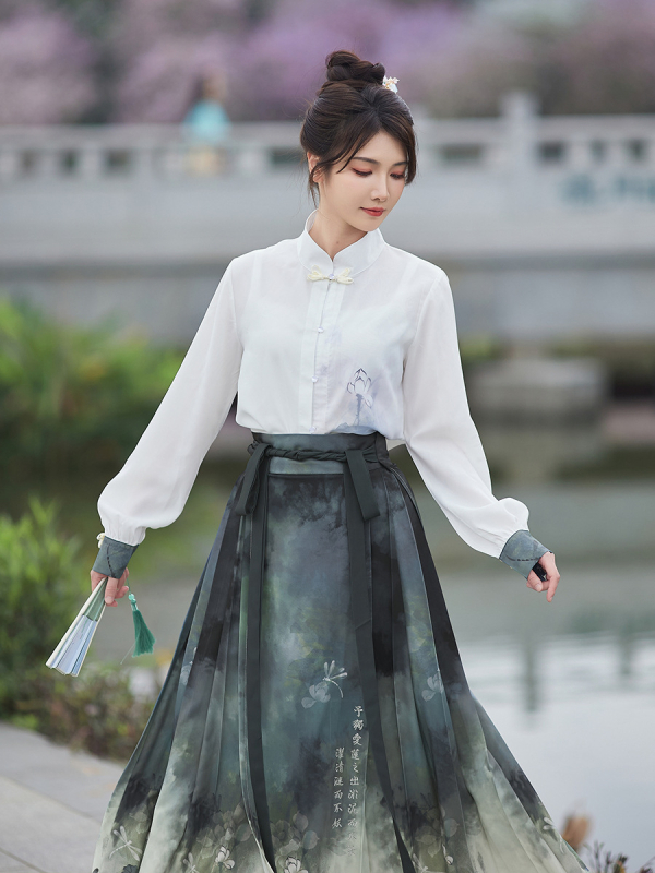 Ženski Hanfu set: tiskana pamuk košulja i Ma Mian suknja, nacionalni stil, proljeće-ljeto, svakodnevno nošenje