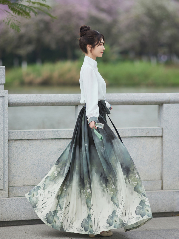 Ženski Hanfu set: tiskana pamuk košulja i Ma Mian suknja, nacionalni stil, proljeće-ljeto, svakodnevno nošenje