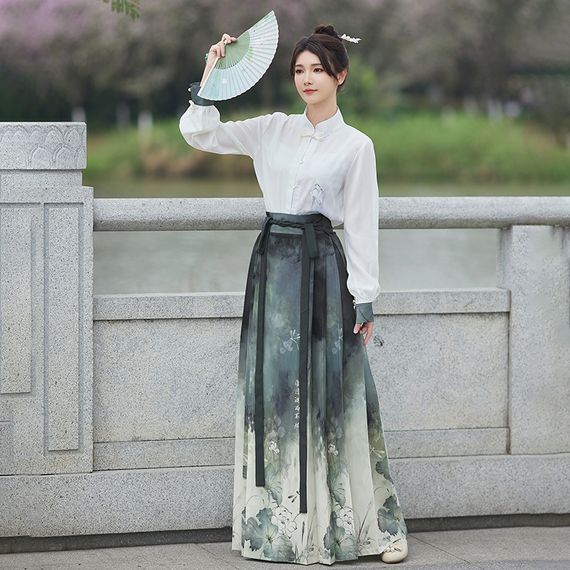 Ženski Hanfu set: tiskana pamuk košulja i Ma Mian suknja, nacionalni stil, proljeće-ljeto, svakodnevno nošenje