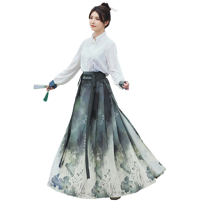 Ženski Hanfu set: tiskana pamuk košulja i Ma Mian suknja, nacionalni stil, proljeće-ljeto, svakodnevno nošenje