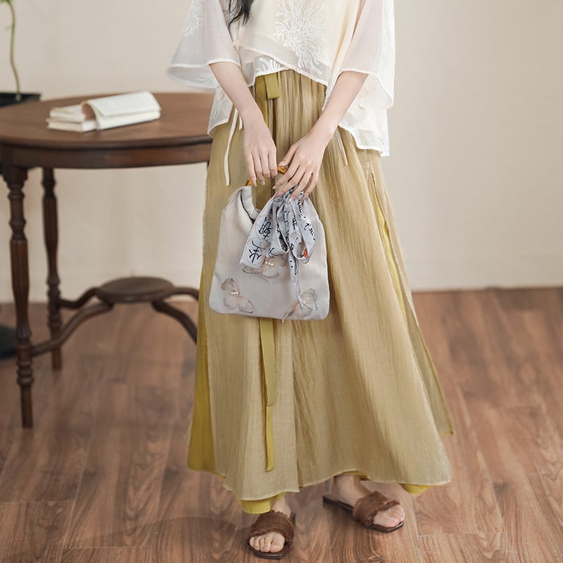 Hímzett Hanfu felső és nadrágokból álló két részes készlet, ferde záródás kötözött gombokkal, ¾ ujjú, fő anyag: kecskebőr; anyag neve: pamutfonal