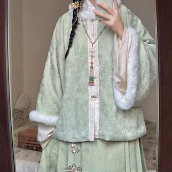 Női Ming-stílusú Hanfu téli készlet: négyzetnyakú felső és Mamian szoknya, nyomtatott kivitel, poliészter 95%+