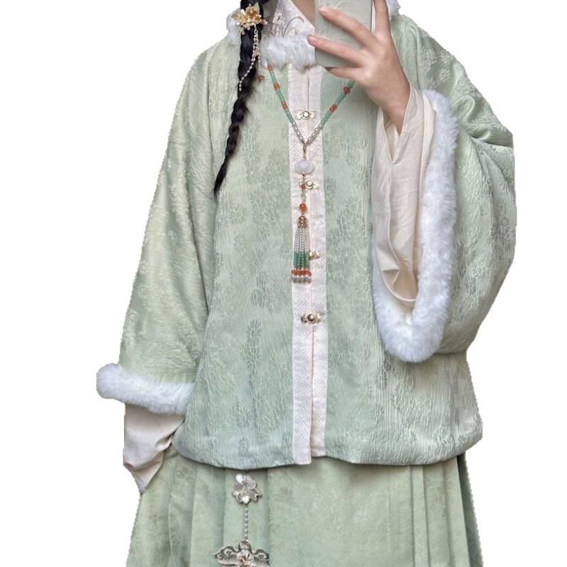 Női Ming-stílusú Hanfu téli készlet: négyzetnyakú felső és Mamian szoknya, nyomtatott kivitel, poliészter 95%+