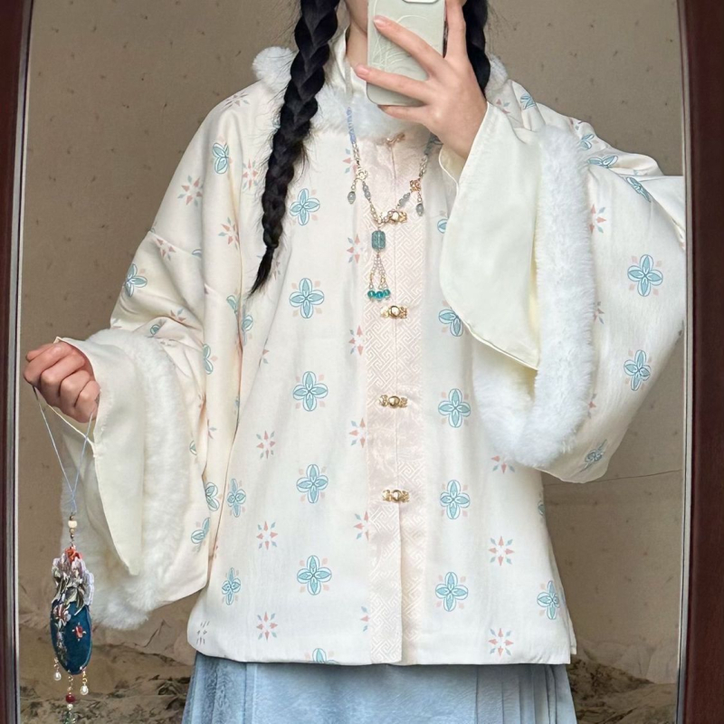 Női Ming-stílusú Hanfu téli készlet: négyzetnyakú felső és Mamian szoknya, nyomtatott kivitel, poliészter 95%+