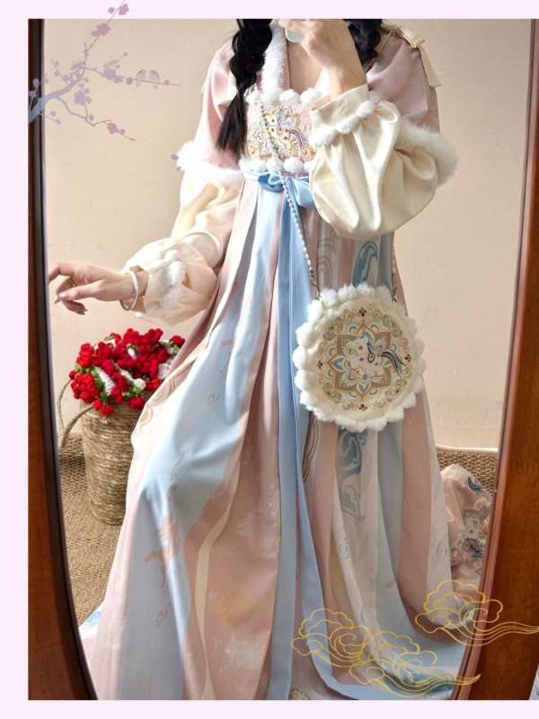 Hanfu készlet felső mellkasig érő toppal és szoknyával, őszi–téli stílus, Tang-stílusú ősi kínai ruházat, nyomtatott poliészter 95%+, 2025-ös kollekció