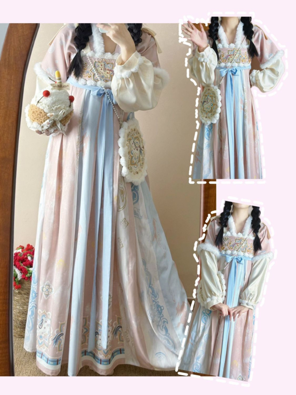 Hanfu készlet felső mellkasig érő toppal és szoknyával, őszi–téli stílus, Tang-stílusú ősi kínai ruházat, nyomtatott poliészter 95%+, 2025-ös kollekció