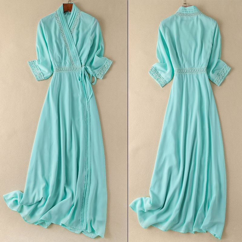 Hanfu hosszú ruha hét részű ujjaival, V-nyakú és fűzőzárás - poliészter crepé szövet, kémiai rostok keveréke, karcsú szabás