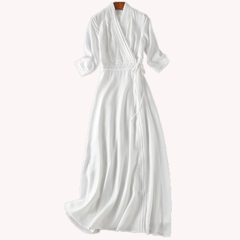 Hanfu hosszú ruha hét részű ujjaival, V-nyakú és fűzőzárás - poliészter crepé szövet, kémiai rostok keveréke, karcsú szabás