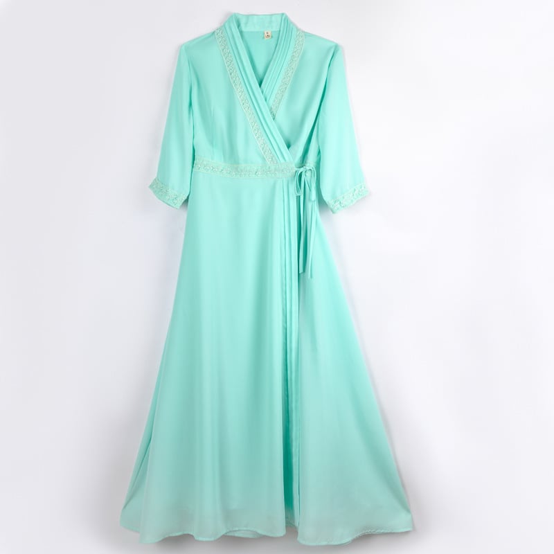 Hanfu hosszú ruha hét részű ujjaival, V-nyakú és fűzőzárás - poliészter crepé szövet, kémiai rostok keveréke, karcsú szabás