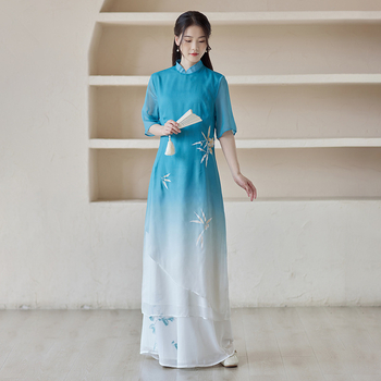 Chiffon rövid ujjú ruha hímzéssel, retro kínai stílus, poliészter keverék 30–50% (2023 tavasz)