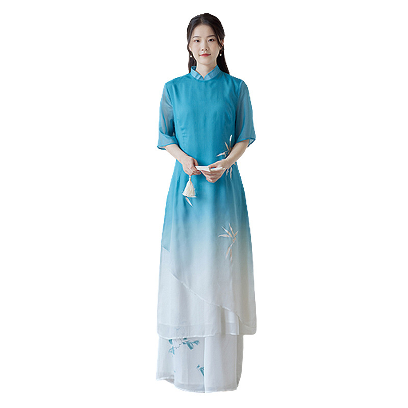 Chiffon rövid ujjú ruha hímzéssel, retro kínai stílus, poliészter keverék 30–50% (2023 tavasz)