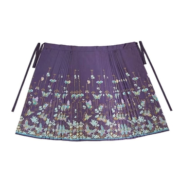 Hanfu hosszú horse-face szoknya fényes-selyem anyagból, arany hímzéssel és nyomtatott selyem részletekkel, őszi-téli mindennapi viselethez; poliészter 50–70%.