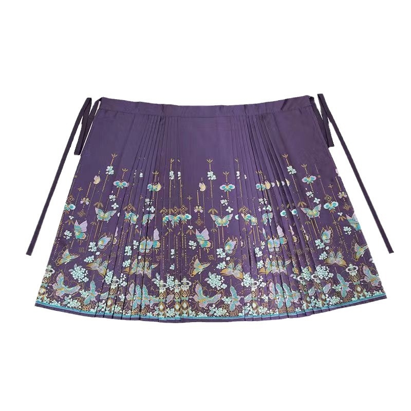 Hanfu hosszú horse-face szoknya fényes-selyem anyagból, arany hímzéssel és nyomtatott selyem részletekkel, őszi-téli mindennapi viselethez; poliészter 50–70%.