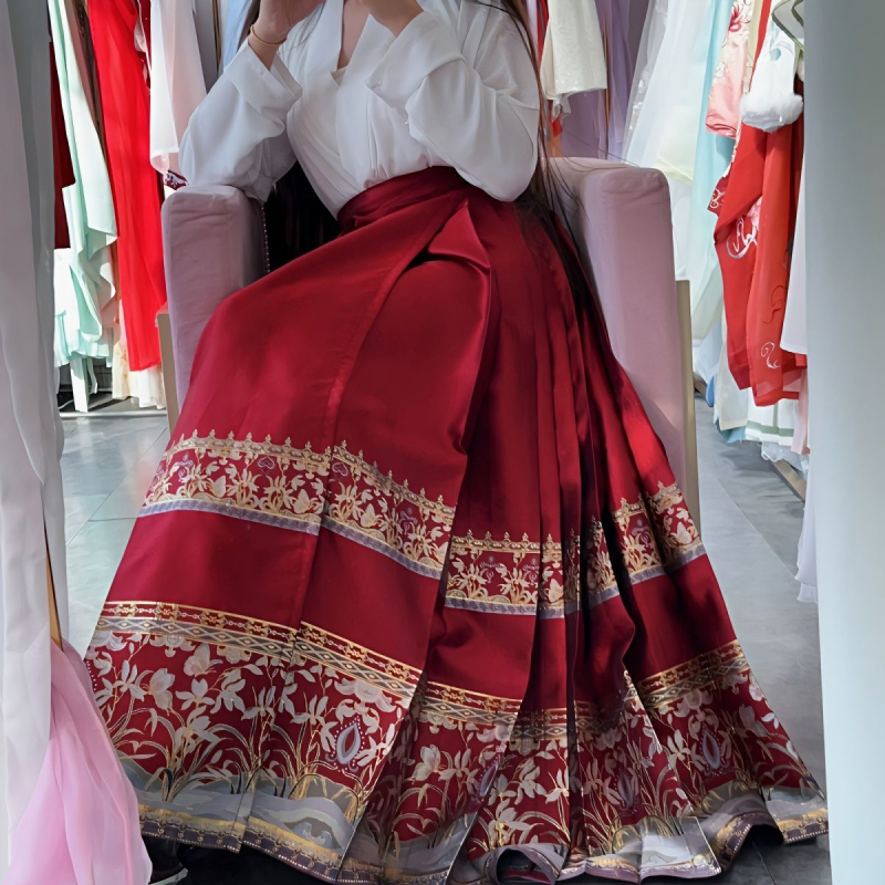 Hanfu szoknya drótos anyagból, meleg pecsételési részlettel, ihlette a Han-dinasztia