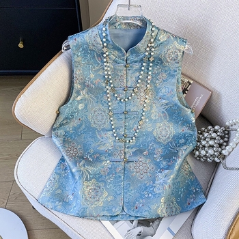 Vesta kineskog stila s izvezenom satin jacquardom, stojeći ovratnik, etnički stil (Tkanina: pamuk i poliester; Glavni sastav: poliester; Postotak: <30%; Univerzalni model)