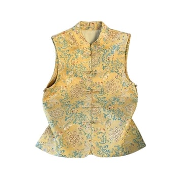 Vesta kineskog stila s izvezenom satin jacquardom, stojeći ovratnik, etnički stil (Tkanina: pamuk i poliester; Glavni sastav: poliester; Postotak: <30%; Univerzalni model)