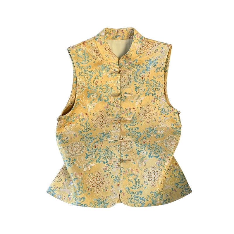 Vesta kineskog stila s izvezenom satin jacquardom, stojeći ovratnik, etnički stil (Tkanina: pamuk i poliester; Glavni sastav: poliester; Postotak: <30%; Univerzalni model)