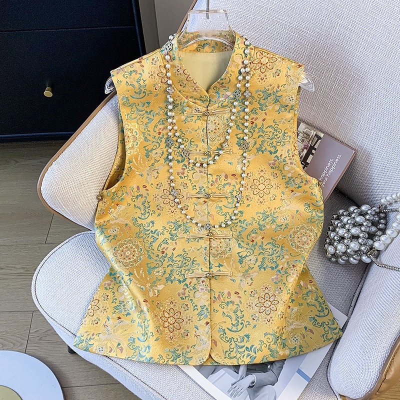 Vesta kineskog stila s izvezenom satin jacquardom, stojeći ovratnik, etnički stil (Tkanina: pamuk i poliester; Glavni sastav: poliester; Postotak: <30%; Univerzalni model)
