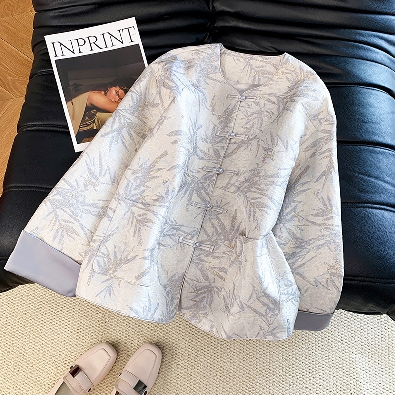 Hanfu top, kineski Tang retro stil, okrugli vrat, teški žakard, dugi rukavi, etnički stil